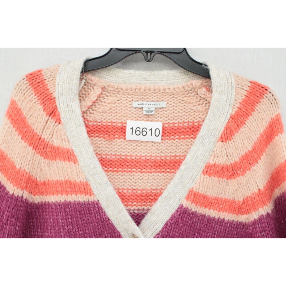 American Eagle Striped Cardigan Sweater Women's L Retro Hip Knit Button Up Crop - Picture 8 of 8